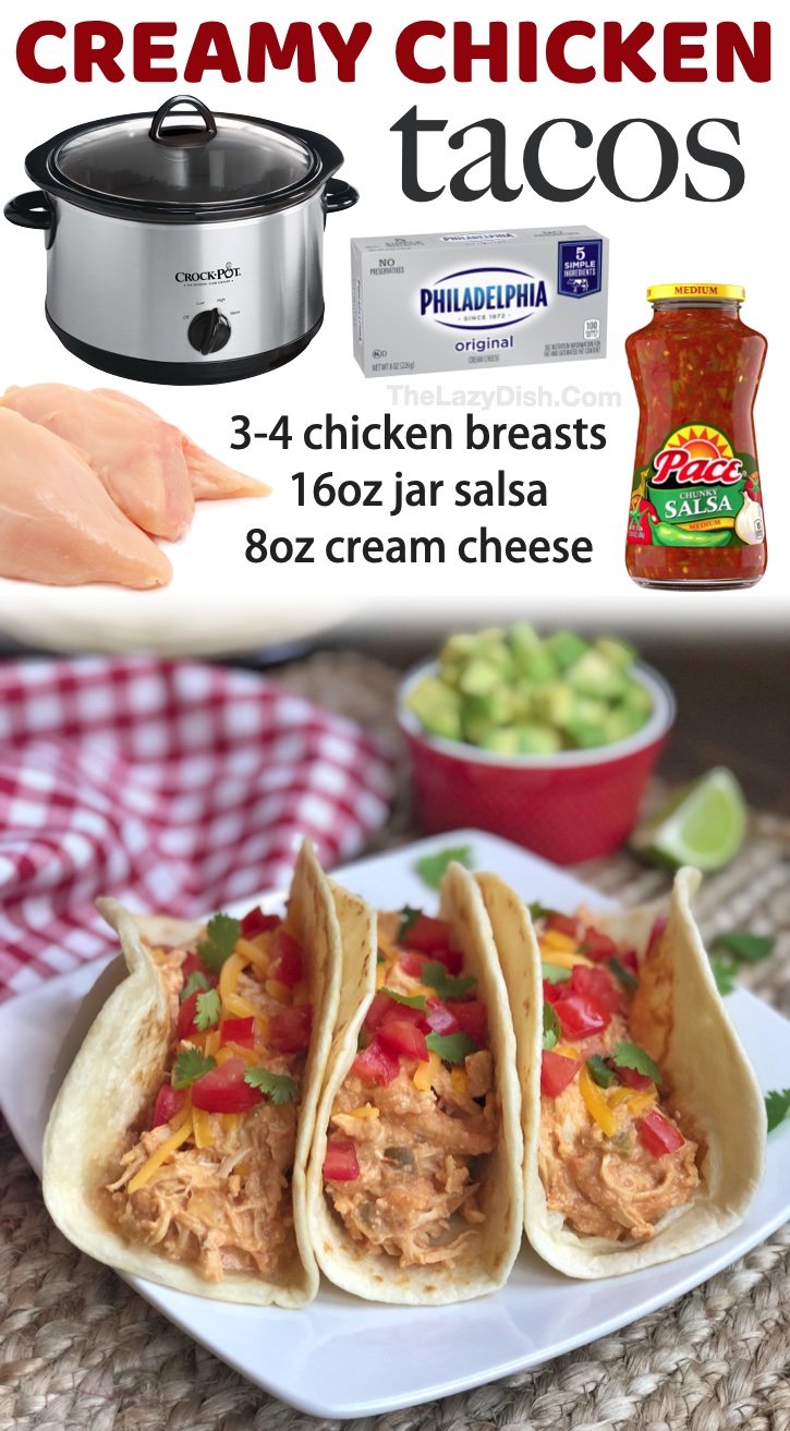 3 Ingredient Creamy Crockpot Chicken Tacos | Quick and easy chicken dinner ideas and recipes for families! Everything from casseroles to simple oven baked chicken breast recipes. Your picky family will love these amazing weeknight meals, even the kids!