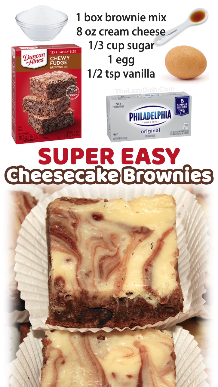 Cheesecake Brownies | A quick and easy dessert recipe that will impress your friends and family! Everyone always asks me for the recipe and they are always surprised at how simple this treat is to make with just a box of brownie mix, cream cheese, egg, sugar, and vanilla. These brownies are great for special occasions, birthdays, parties, and lazy Sunday afternoons when you've got a sweet tooth. My kids love this amazing chocolate dessert! I suppose you add cheesecake to just about anything and it's delicious. 