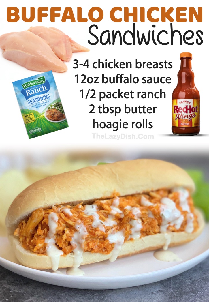 Crockpot Buffalo Chicken Sandwiches | A list of super quick and easy chicken dinner recipes! Some serious comfort food here along with a few healthy recipes. Everything from slow cooker shredded chicken to simple oven baked meals.
