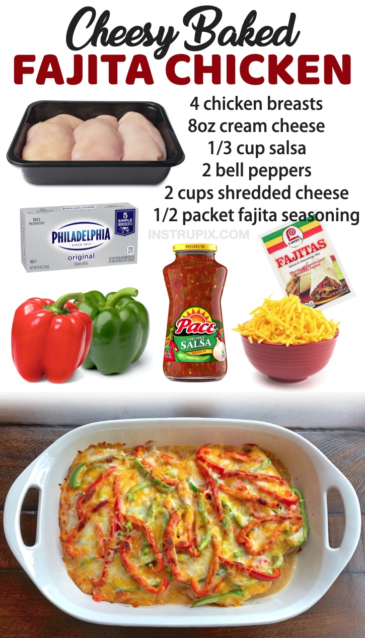 Cheesy Fajita Baked Chicken | Looking for quick, easy and cheap chicken dinner ideas for your family? I've rounded up a list of the best reviewed meals for your picky eaters! Everything from oven baked cream cheese chicken to wonderful casseroles and crockpot meals. These simple recipes are all made with just a few ingredients. Perfect for busy weeknight meals!