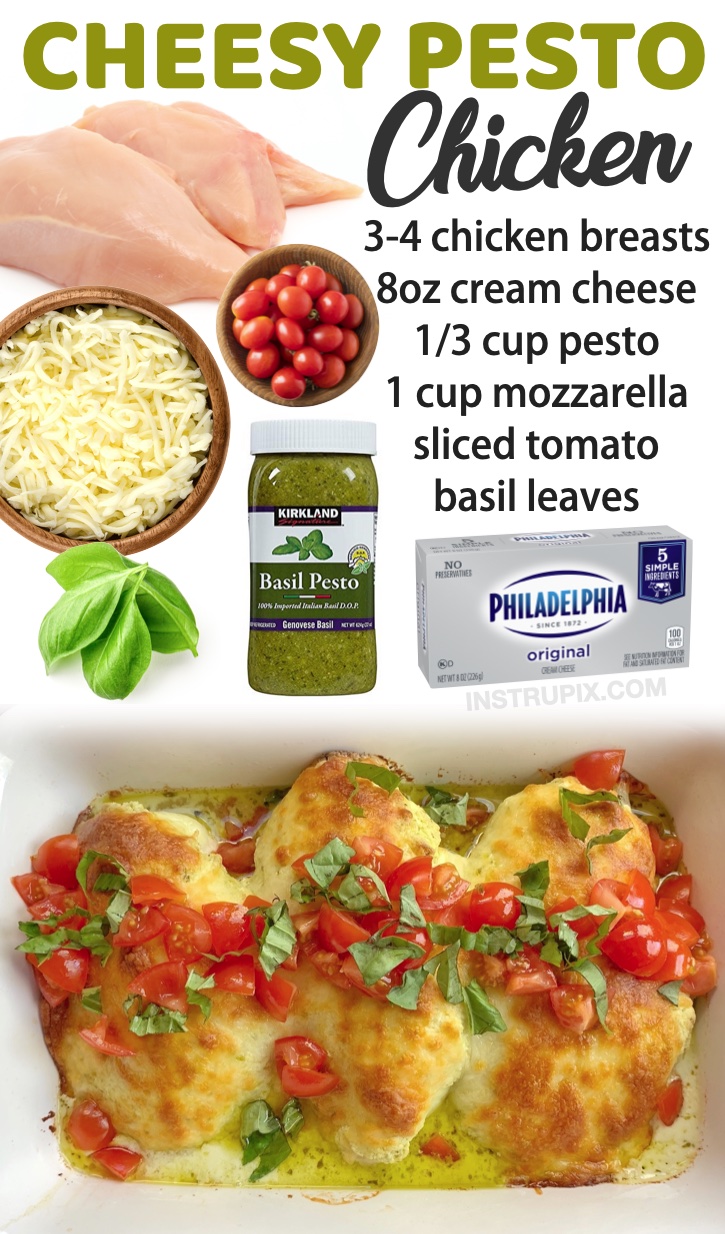Baked Cream Cheese Pesto Chicken | A super quick and easy oven baked chicken breast recipe! Here you will find a list of easy family chicken dinners ideas, everything from simple casseroles to baked juicy breasts.