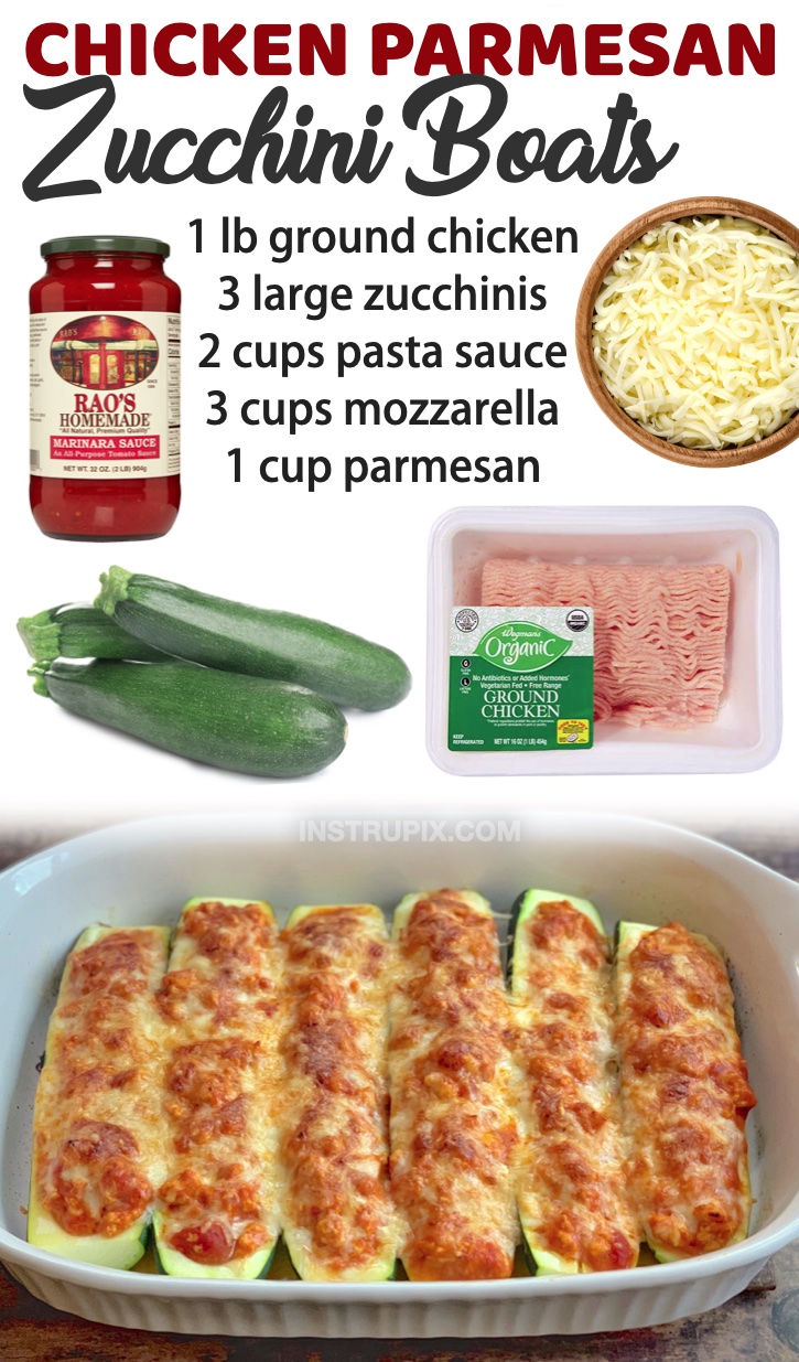 Chicken Parmesan Zucchini Boats (healthy and low carb!) | I've rounded up a few of my absolute favorite chicken dinner recipes! These are all great for feeding a hungry family, even your picky kids. Everything from oven baked chicken breast recipes to ground chicken and more. 