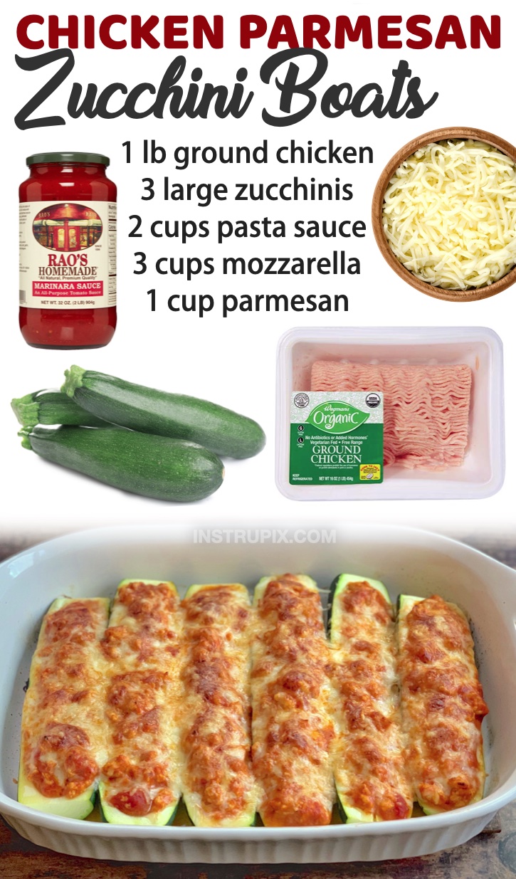 Chicken Parmesan Zucchini Boats (healthy and low carb!) | I've rounded up a few of my absolute favorite chicken dinner recipes! These are all great for feeding a hungry family, even your picky kids. Everything from oven baked chicken breast recipes to ground chicken and more.