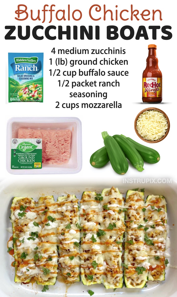 Buffalo Chicken Zucchini Boats | A healthy and delicious chicken dinner idea! I've rounded up a list of my best reviewed chicken dinner ideas, everything from ground and rotisserie chicken to chicken breasts and even frozen nuggets. My picky family loves all of these meals. Great for last minute when you're stressed and too tired to spend all night in the kitchen cooking a big dinner. 
