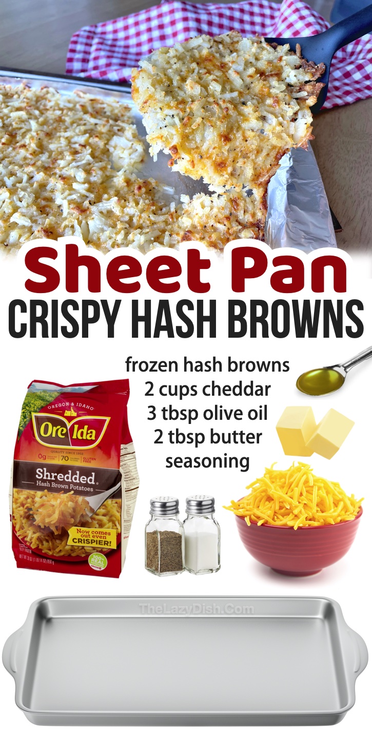 Oven Baked Frozen Hash Browns | The best quick and easy breakfast idea for a crowd! This simple way of cooking your breakfast potatoes is a total game changer. There’s no reason you should put up with soggy hash browns ever again! Baking them in the oven on a sheet pan with butter, oil, and shredded cheddar cheese makes them super crispy and delicious. Hash browns are a cheap and simple breakfast staple that everybody loves. They are definitely my favorite comfort food in the morning, and they go wtih just about everything!