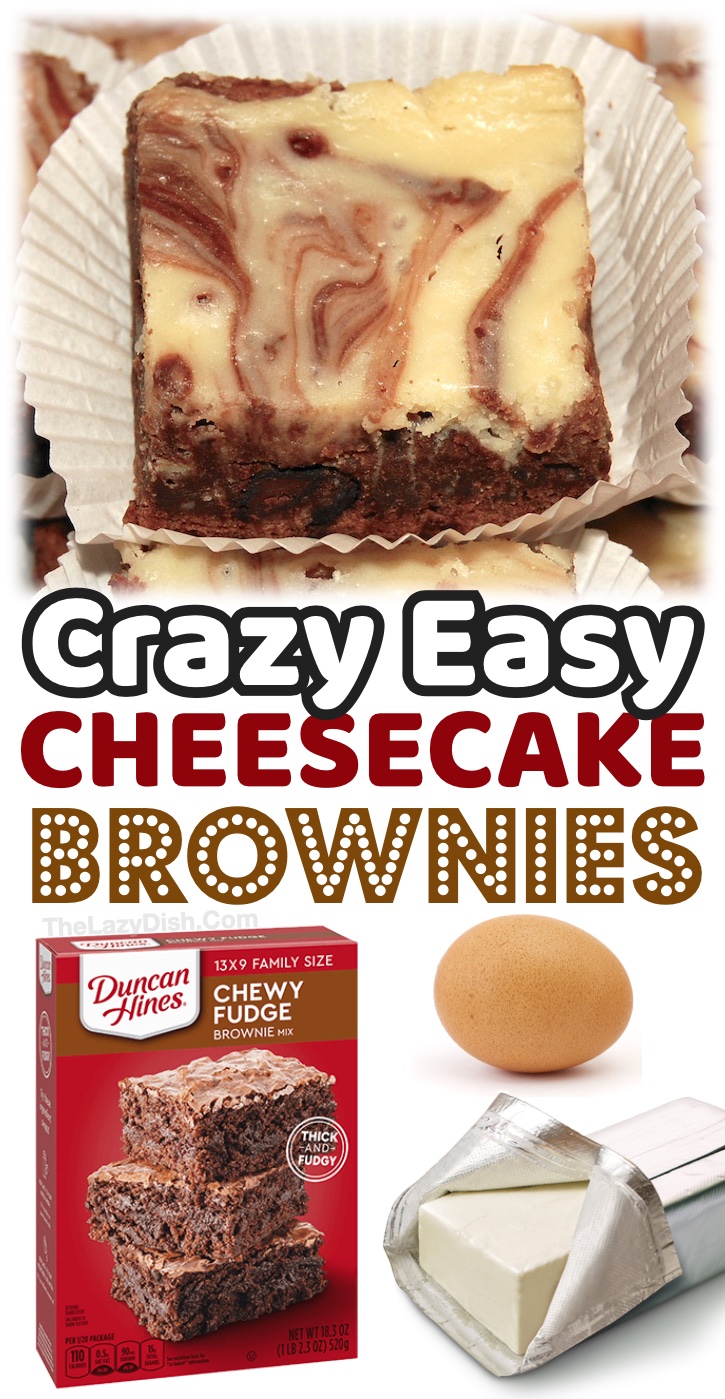 Cheesecake Brownies | A quick and easy dessert recipe that will impress your family and friends! They will have no idea how simple they are to make with just a few ingredients: boxed brownie mix, cream cheese, egg, sugar, and vanilla extract. The combination of the cheesecake and chocolate brownies is crazy good. Rich and heavenly! A yummy homemade dessert does not always mean spending hours in the kitchen baking. My kids go crazy for these amazing brownies. Great for bake sales and gifts, too!