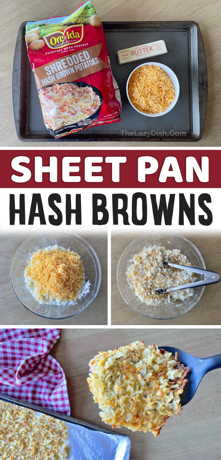 Crispy Frozen Hash Browns Recipe -- The best way to make frozen shredded hash browns so that they are crispy! Cook them in the oven on a sheet pan with cheese and oil. If you're looking for breakfast ideas to feed a crowd, this is seriously the best morning side dish.