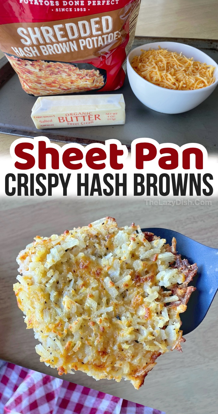 Crispy Oven Hash Browns | Frozen hash browns have never been so good! Seriously, this is the best way to make them. Super quick and easy in your oven on a sheet pan with butter, cheese, oil, and seasoning. They get super crispy! This is my favorite breakfast side dish recipe for when we have family in town. It serves a crowd! Hash browns are a cheap and simple breakfast staple that everybody loves. They are definitely my favorite comfort food in the morning. Insanely delicious with ketchup!
