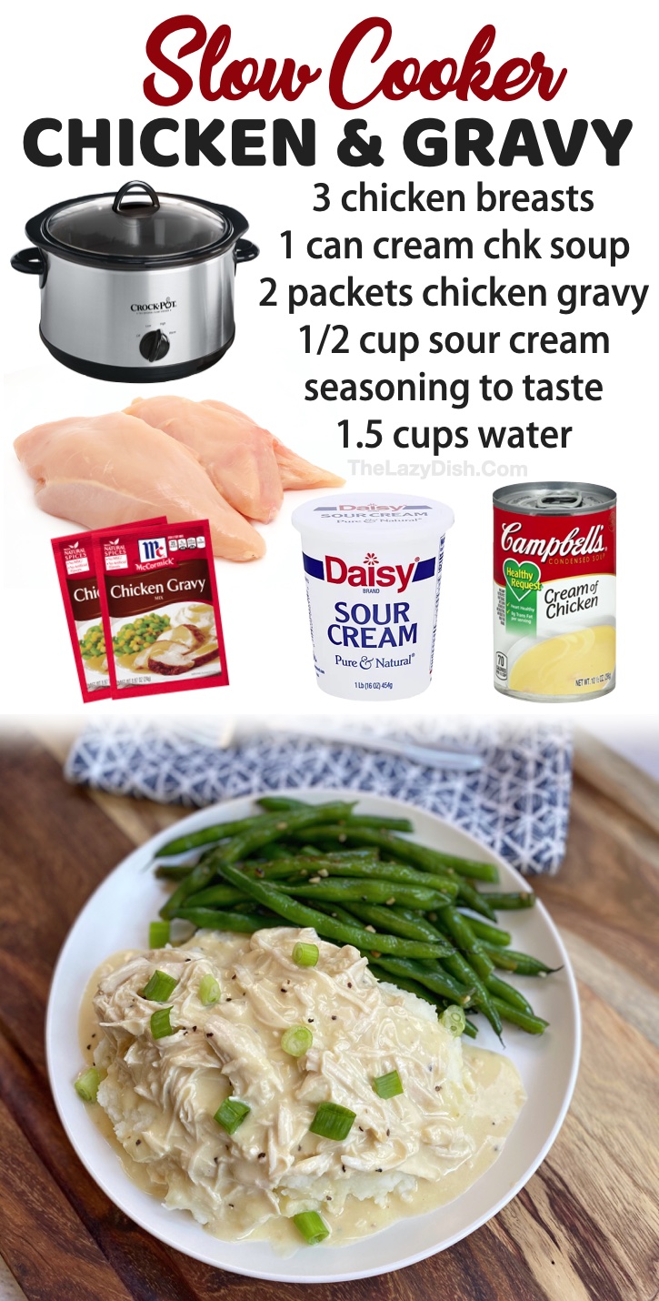 Slow Cooker Chicken & Gravy | A super quick, easy and cheap chicken dinner recipe for your family! I've rounded up a list of the best chicken meals made with just a few ingredients. These are great for busy weeknights! Even my picky kids love them.