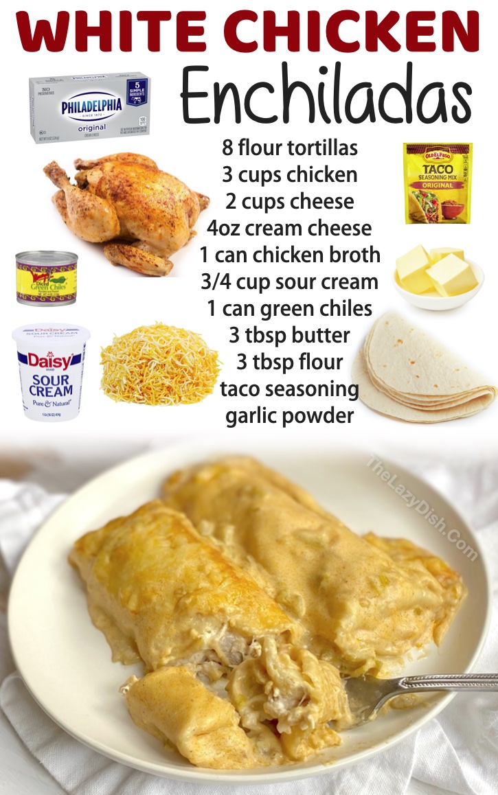 Creamy White Chicken Enchiladas | The best chicken recipes on Pinterest, seriously! If you're have a picky family to feed, they are going to love all of these quick and easy chicken recipes! They make for wonderful weeknight meals when you're tired and hungry. Everything from oven baked chicken breasts to rotisserie meals. Easy, cheap and delicious!