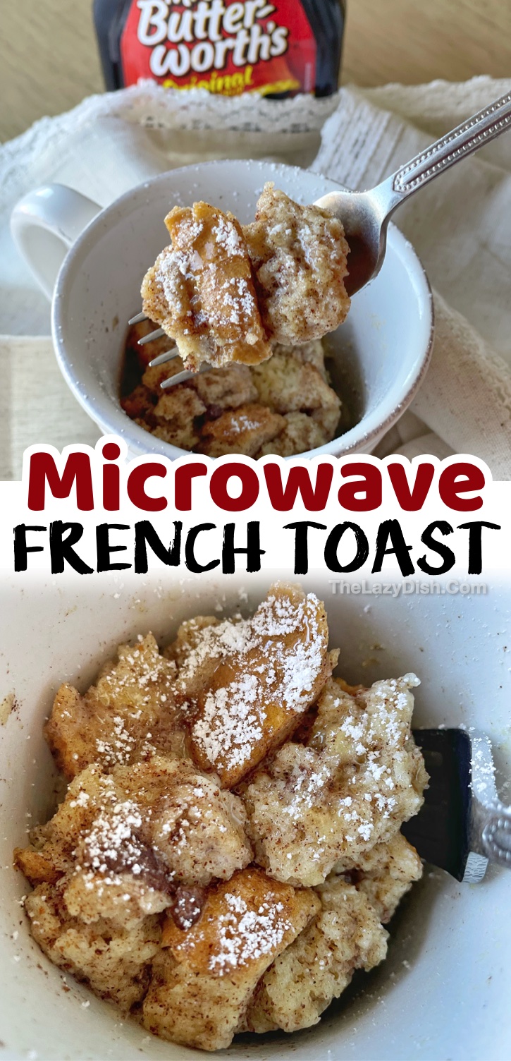 Microwave French Toast in a Mug | Are you looking for quick and easy breakfast ideas for yourself or your kids? This mug recipe is so fast to make on busy mornings and before school. Simple enough for kids to make themselves, plus it's cheap using up stale bread! It's the perfect serving for one with no baking or stove required. Just your handy dandy microwave! Great for college students who only have a microwave in their room. 