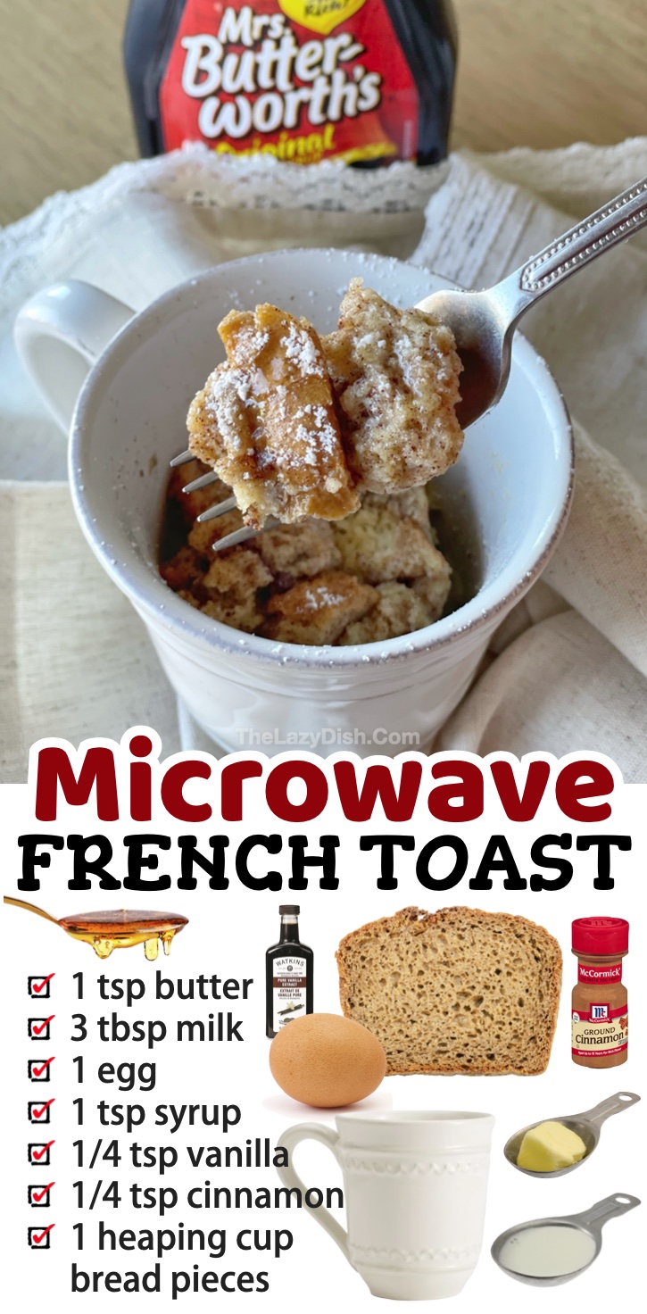 Microwave french toast in a mug! A super fun and easy breakfast idea for kids, college students, and busy adults! Great for busy mornings when you want something sweet to eat. My kids like to make this before school. The best recipe for teenagers and older kids to make themselves. 