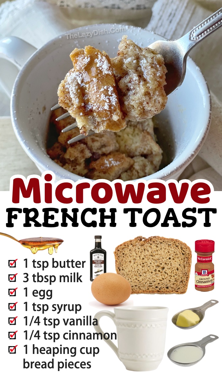 French Toast in a Mug | A quick & easy breakfast idea made in your microwave! No baking required. Just a few cheap ingredients that you mix up in a coffee mug and microwave for a few minutes. I know, it may sound a little crazy, but this sweet breakfast is so simple to make in just a few minutes. It's great for older kids to make themselves, as well as college students when you only have access to a microwave for cooking. It’s so fast to make before school or on busy mornings, and your picky eaters will love it!