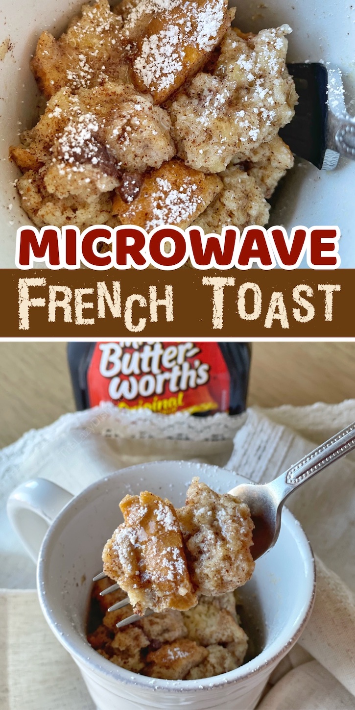 This 2 minute French toast is so easy to make in your microwave! Easy enough for kids to make on busy school mornings. This fun breakfast idea is surprisingly delicious. You would never guess it was made in a mug in your microwave, plus you probably already have the simple ingredients at home. Top this sweet breakfast with whipped cream, berries, nuts or chocolate chips to make it extra yummy.