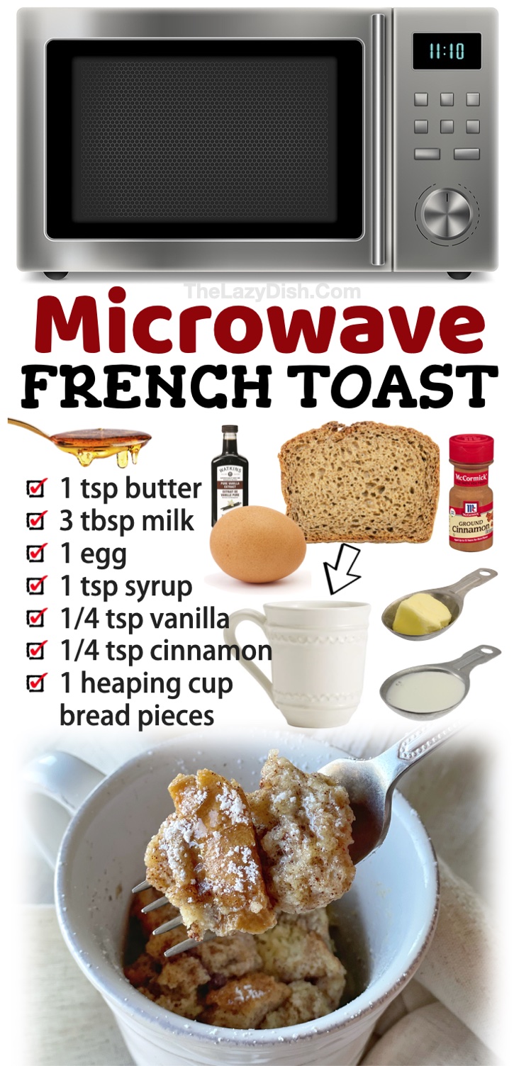 A quick & easy breakfast idea made in your microwave! This is perfect for serving one person, and so much easier than using your stove. My kids love making this sweet breakfast, and it's also great for college students or anyone who doesn't have a stove or oven to cook with. The best cooking hack! This french toast tastes just as good as regular french toast, and it only takes 2 minutes to make. You could also add some mix-ins or toppings like chocolate chips, berries, nuts, whipped cream, etc.