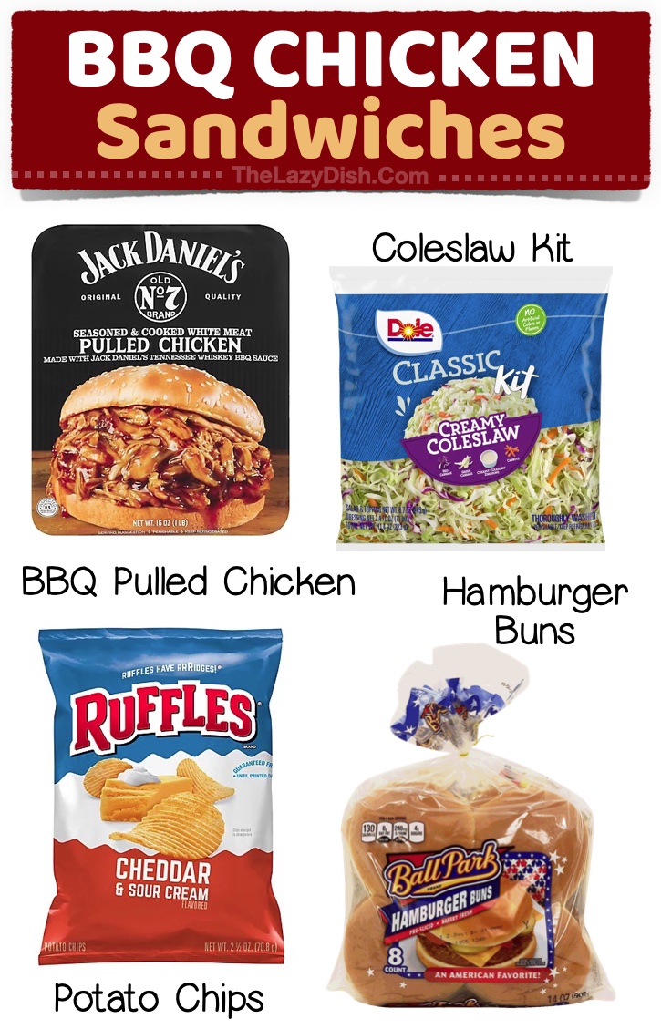 Easy BBQ Chicken Sandwiches | Running out of dinner ideas for your family? Your picky kids will love all of these simple store-bought meals! A list of ideas to throw together last minute for busy weeknights when you're too tired to cook. Great for moms and dads on a budget!