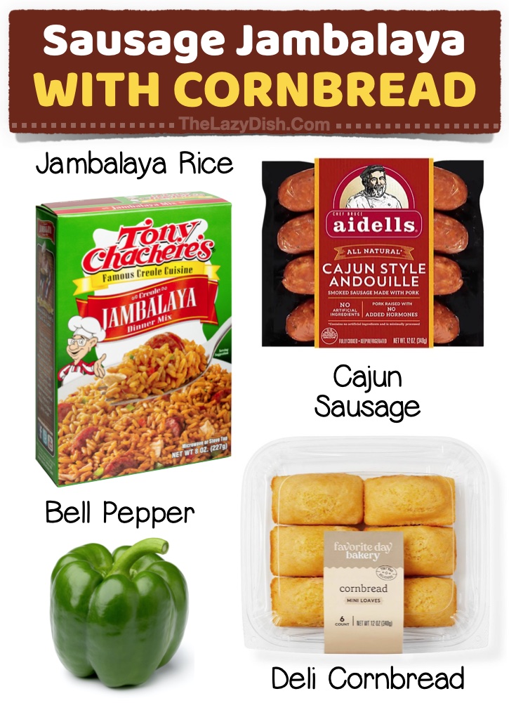 Sausage Jambalaya with Cornbread | Looking for easy dinner ideas? Simply pick up a jambalaya rice mix, sausage, a bell pepper, and deli cornbread for the best easy weeknight meal! Super quick and cheap to make.