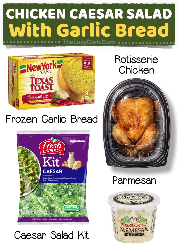 Chicken Salad with frozen garlic bread! The easiest weeknight meal that's already prepared for you. If you're looking for simple dinner ideas you can throw together last minute, check out this list of store-bought dinner ideas for your family.