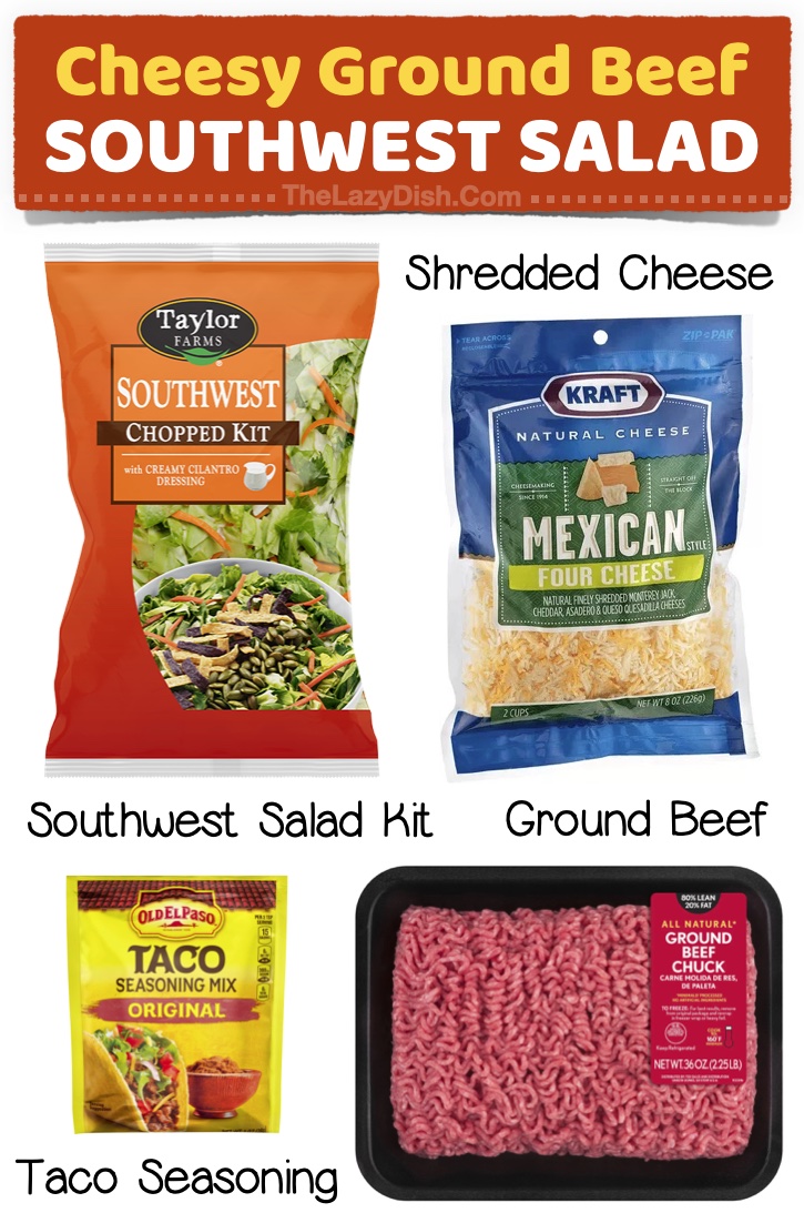 Cheesy Ground Beef Southwest Salad | Looking for fun and easy dinner ideas you can slap together with no effort at all? This list of simple meals is for you! Great for families with picky eaters. My kids love all of these yummy ideas, and they are all really versatile.