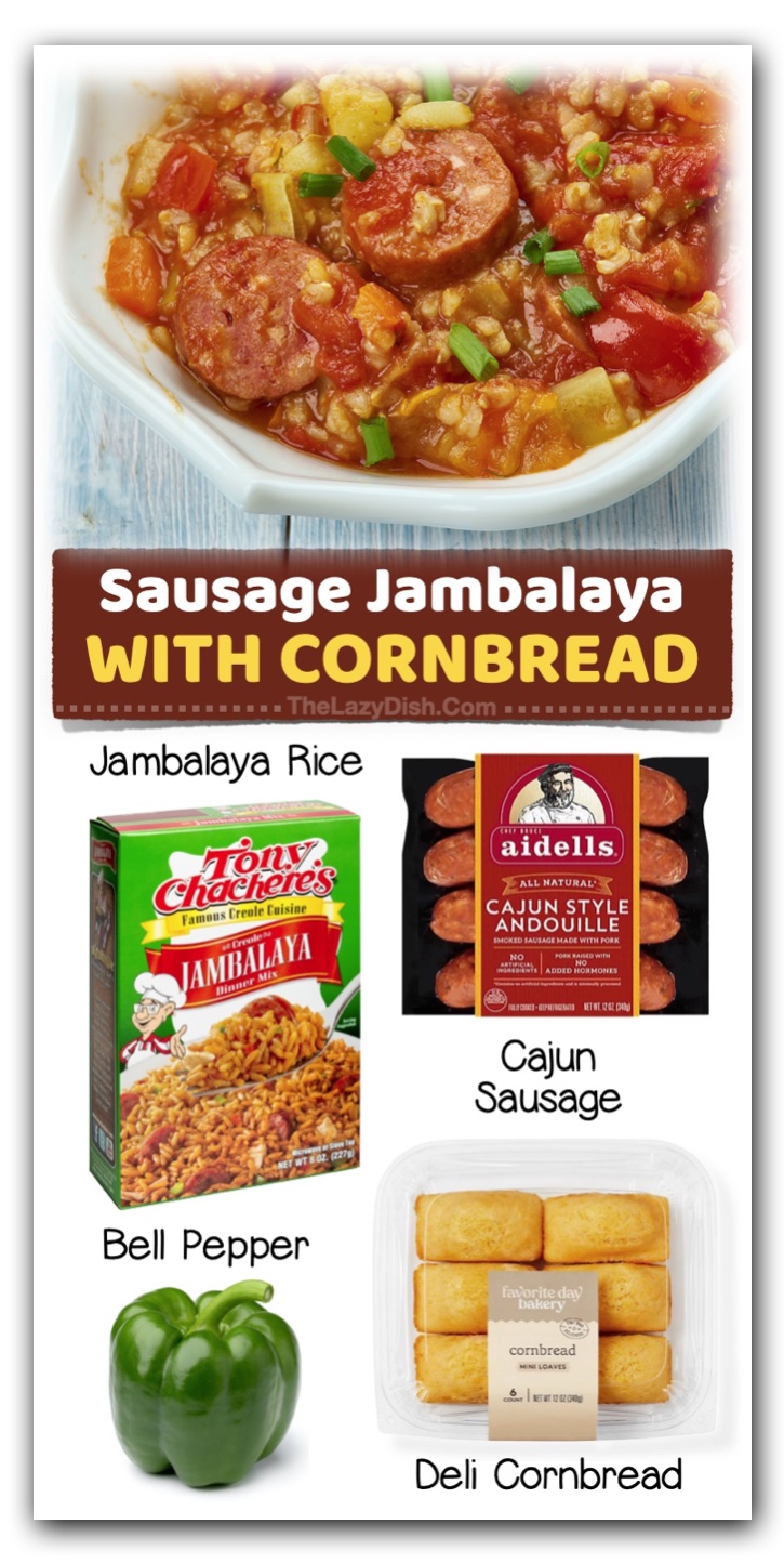 Sausage Jambalaya & Cornbread | A quick and easy dinner idea you can throw together last minute! Don't have dinner plans and looking for something to make tonight? Just toss some sausage with boxed rice and bell pepper. Super tasty especially with deli bought cornbread to serve on the side. 