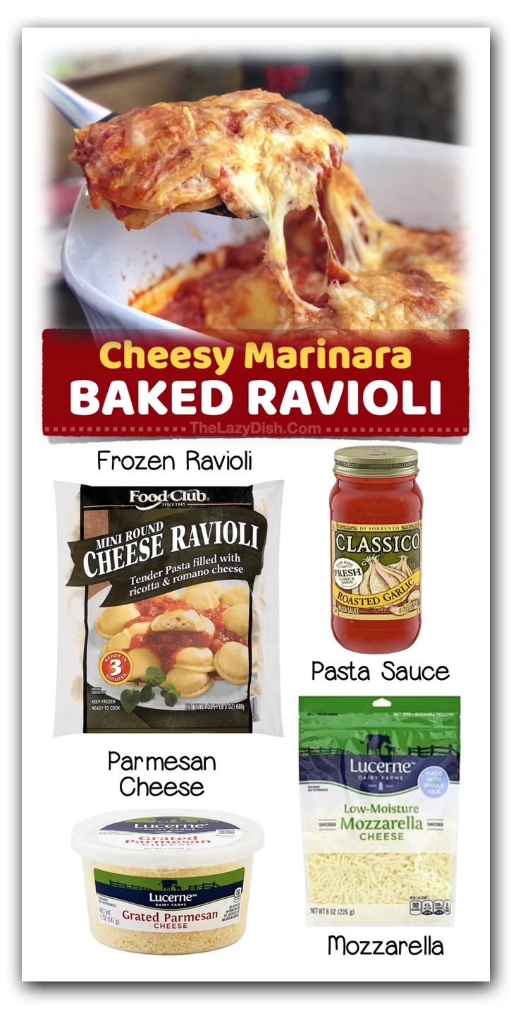 Cheesy Marinara Baked Ravioli | My most popular easy dinner idea! Just a few cheap ingredients and you've got the best weeknight meal. Here is a list of 18 Lazy dinner ideas for your picky family! These are all cheap and fast to make!