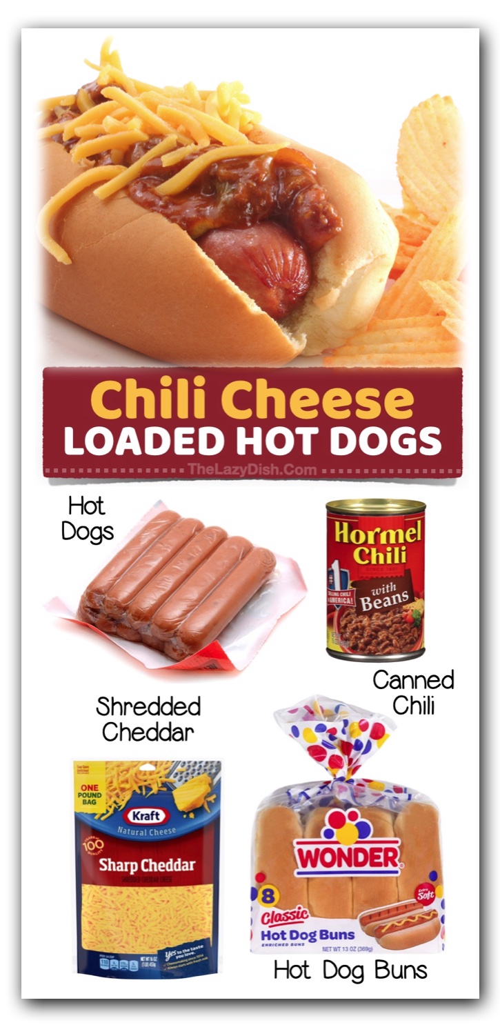 Chili Cheese Loaded Hot Dogs | Fun and easy dinner idea for busy weeknights! My kids love them! Not the healthiest, but you've got to have delicious comfort food every once in a while. These loaded hot dogs are great for school nights when you don't have dinner plans. Just pick up these simple ingredients at the store!