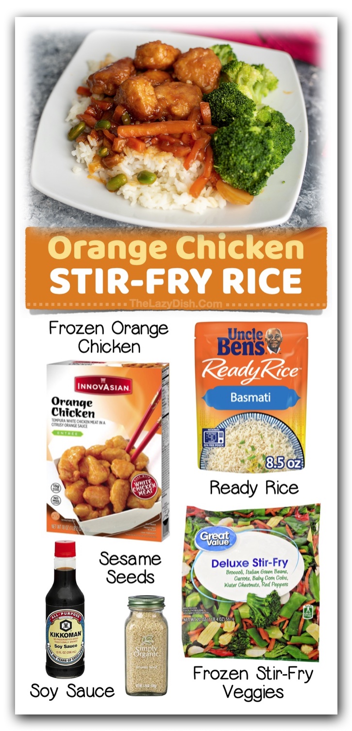 Orange Chicken with Rice & Veggies | A list of quick and easy last minute dinner ideas for your picky eaters! These are all fast to make with simple and cheap ingredients. Lots of frozen food ideas and convenience items that make dinner a breeze when you have a family to feed. 
