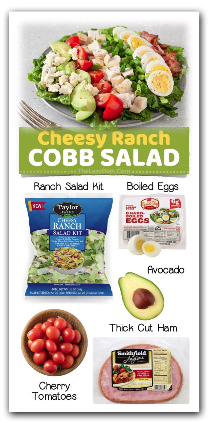 Cheesy Ranch Cobb Salad | Looking for quick and easy dinner ideas? Toss a packaged salad with fresh ingredients like avocado, boiled eggs, cheese, ham, bacon and you've got a filling dinner that's fast to make on busy nights! You could also add rotisserie chicken or leftover meat from the night before. Salads are versatile and healthy!