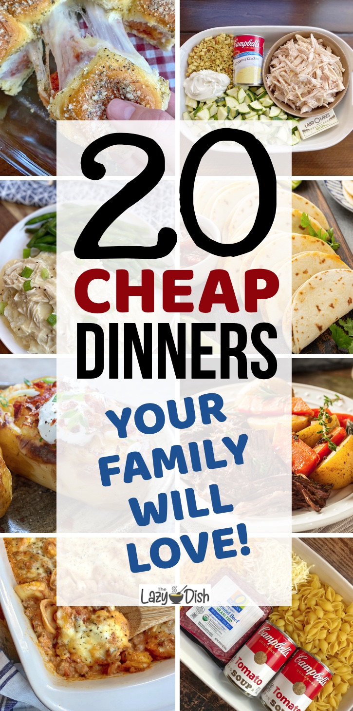 20 Cheap Dinners For A Family | A list of budget meals your picky eaters will love! These quick and easy dinner recipes are perfect for busy weeknights. Most of them are perfect for big families, but also great leftover so you can get several meals out of them. Here you will find everything from ground beef casseroles to slow cooker chicken recipes. Mostly comfort foods, but a few healthy recipes thrown in the mix, too. 
