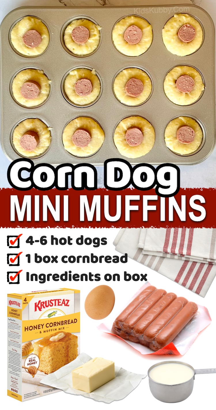 This fun and easy dinner recipe is a total hit with my kids! These corn dog muffins are made with just a few cheap ingredients including cornbread mix, hot dogs, and the ingredients needed on the box like milk, egg and butter. So easy for busy school nights! My picky eaters love them.