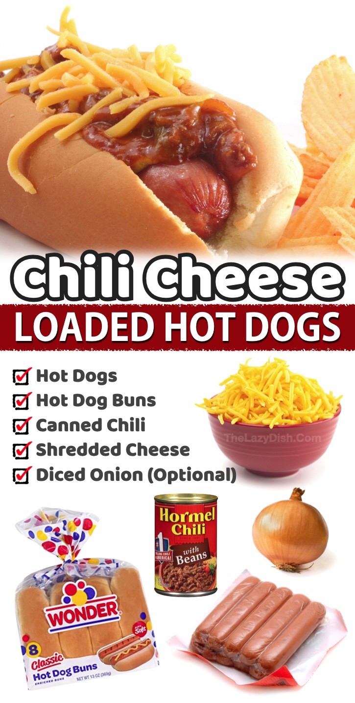 Chili Cheese Loaded Hot Dogs | Ok, not the healthiest meal to make, but super delicious and easy! Not to mention cheap. My kids go crazy for these loaded hot dogs. They're great for special occasions or anytime you just want to pick something up real fast at the grocery store on your way home from work. 