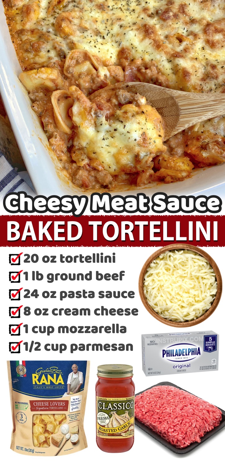 Cheesy Meat Sauce Baked Tortellini | I'm a huge ground beef fan because it's cheap and easy to make, and this pasta casserole is insanely delicious! The cream cheese makes all the difference. If you have a large family to feed, you've got to check out this awesome list of cheap and easy dinners to make. 