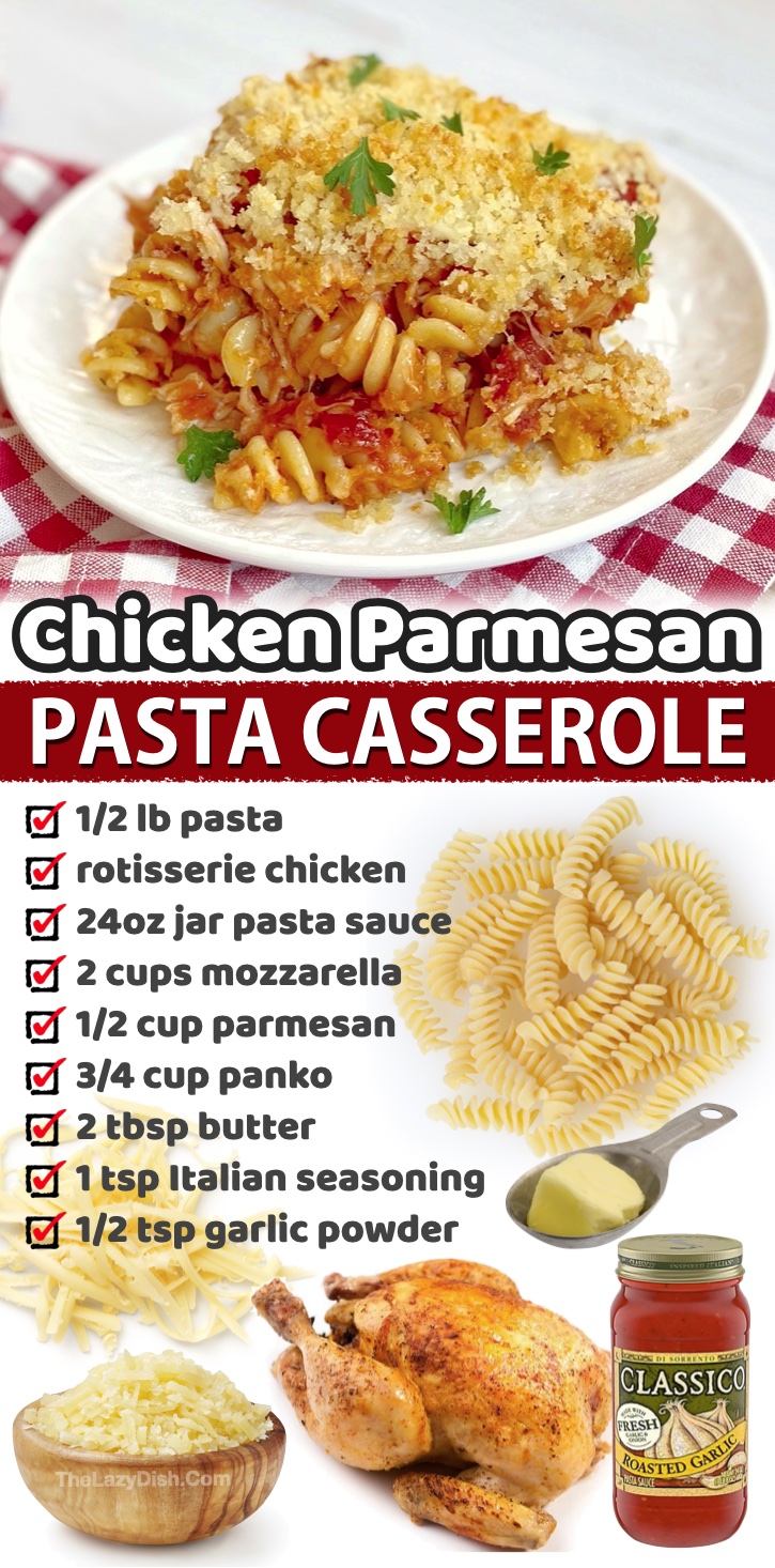 Chicken Parmesan & Pasta Casserole | This amazing weeknight meal is great for the entire family! My kids absolutely love it. You can use any chicken you'd like including rotisserie, canned, baked, grilled, etc. If you're on the hunt for super quick and easy dinner ideas, check out this list of delicious family meals. 