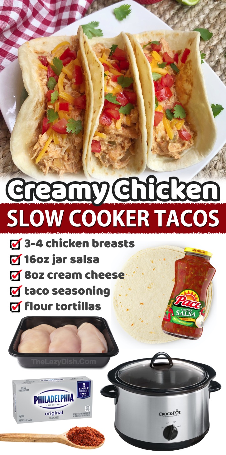 Cream Chicken Slow Cooker Tacos | My favorite easy crockpot meal! The chicken just falls apart. My kids really enjoy this creamy chicken served warm flour tortillas, and I keep it low carb served over cauliflower rice or on a salad. Super yummy for the entire family! My husband always goes back for seconds. Here is a list of cheap dinners your picky eaters will love!