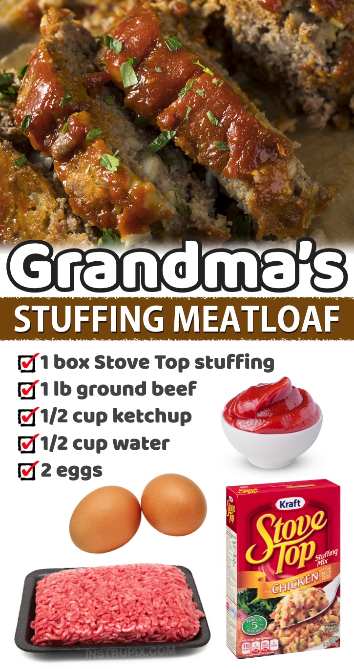 Grandma's Stuffing Meatloaf | Are you looking for cheap ground beef dinner ideas? You've got to try this meatloaf! Even if you're not a beef, fan it's super flavorful thanks to boxed stuffing. My kids love it! If you have a picky family to feed, check out this list of quick and easy meals you can make on a budget. Most of them are made with just 3-5 ingredients!