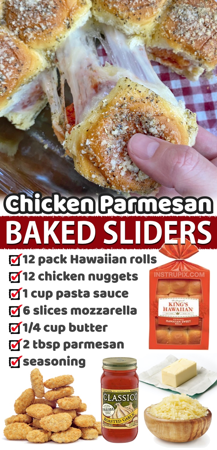 Chicken Parmesan Baked Sliders | Kids love these!! They are cheap to make with frozen chicken nuggets or tenders, plus very filling. These are fun to make on busy school nights. Serve them with caesar salad for a complete meal! If you're a busy mom on a budget, you've got to check out this list of 20 cheap and easy dinner recipes! 