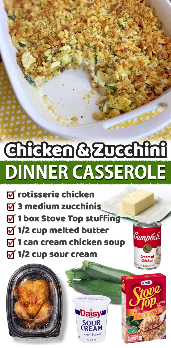 Chicken & Zucchini Dinner Casserole | 20 Cheap Dinners For A Family -- I'm completely obsessed with this chicken casserole! The boxed stuffing makes all the difference. Also, you can use any veggie you'd like or even a mix: squash, mushrooms, onions, corn, canned green beans, etc. 
