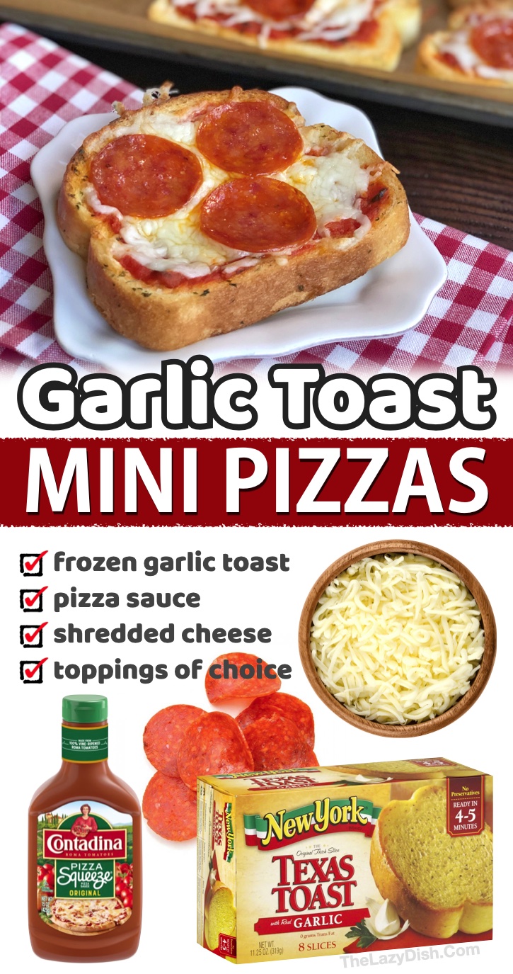 Garlic Toast Mini Pizzas | Looking for cheap last minute dinners to make your kids? Check out this list of crazy easy meals you can make in less than 15 minutes! They are all cheap and kid approved. If you're a busy mom trying to save money on food, you've got to save this round up. Supper just got a little easier!