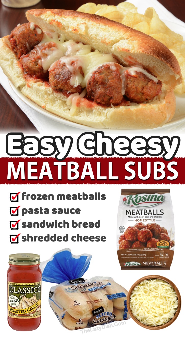 Easy Cheesy Meatball Subs (4 Ingredients!) | These sandwiches are super filling and great for last minute meals during the week. Frozen meatballs are a game changer! Simply bake them in your oven and then toss them with marinara. Serve in sandwich bread with shredded cheese, and thank me later. My kids love them!