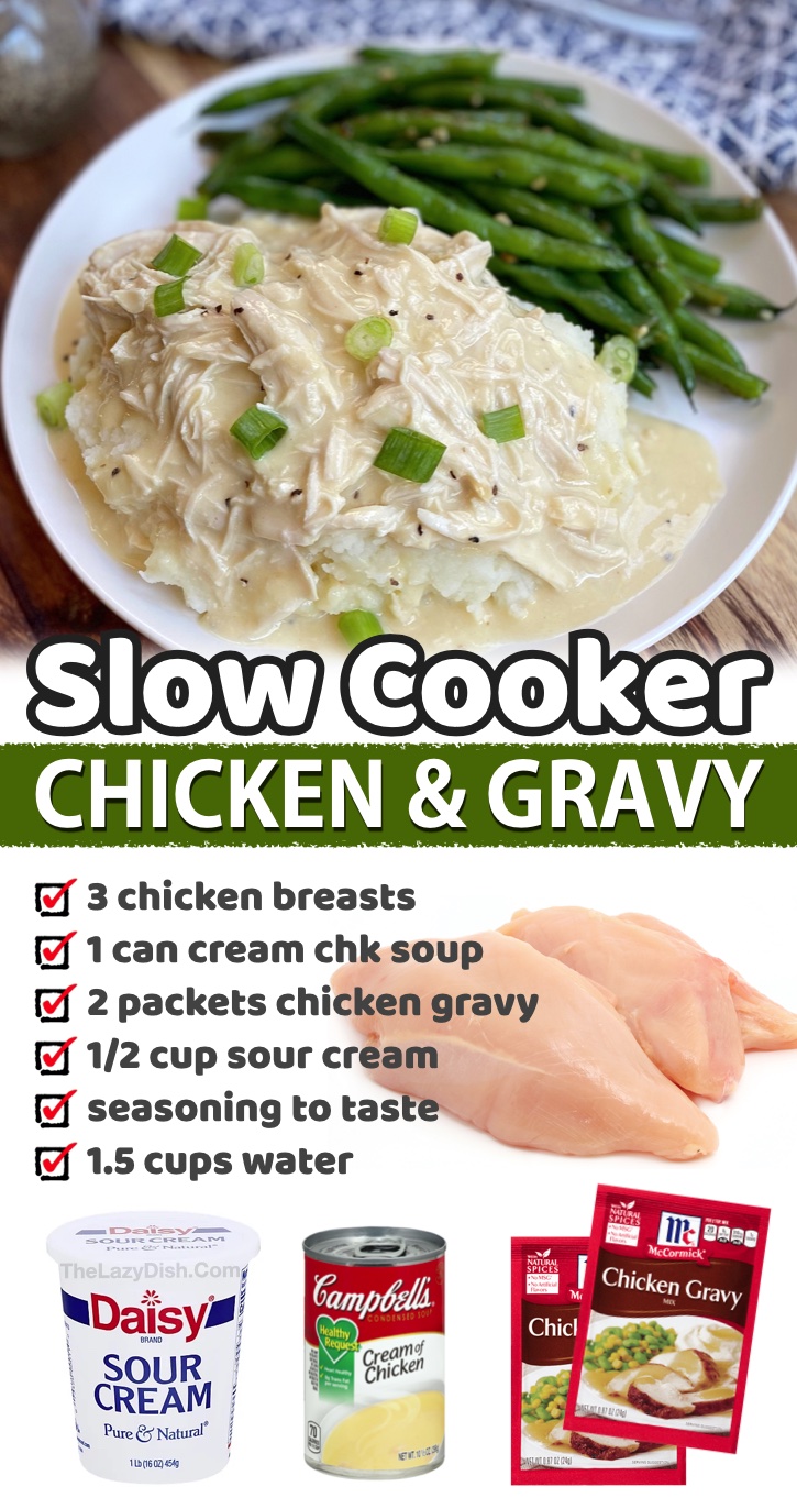 Slow Cooker Chicken & Gravy | Super yummy served over mashed potatoes or rice! This is seriously the best most tender chicken with a ton of flavor. Here is a round up of budget friendly meals to make your family. Great for busy moms and dads!