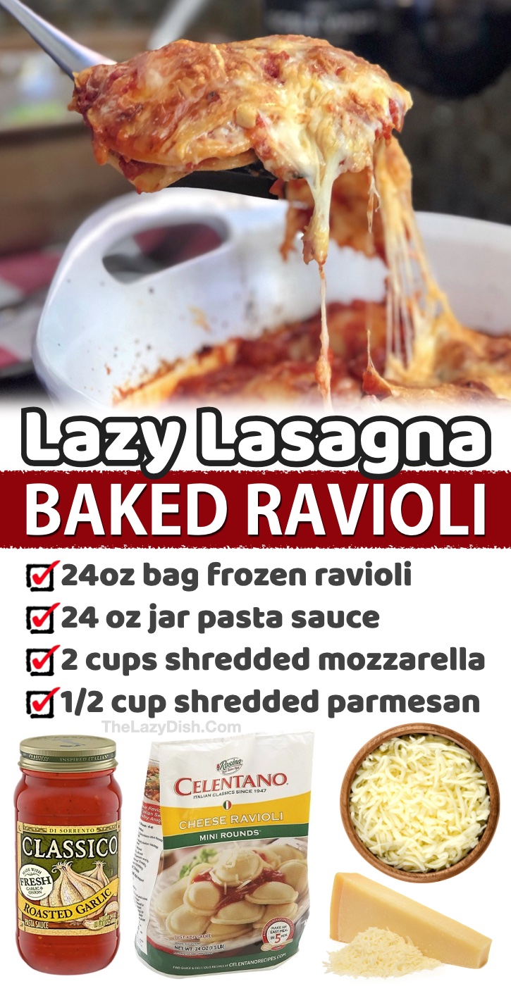 Lazy Lasagna (Baked Ravioli with Pasta Sauce) | Looking for cheap and easy last minute dinners for your picky family? My kids love this baked ravioli! It takes less than 5 minutes to prepare, then you just let the oven do the rest of the work. Serve with a healthy salad or side of veggies. Great leftover, too! This is my teenage daughter's favorite meal. 