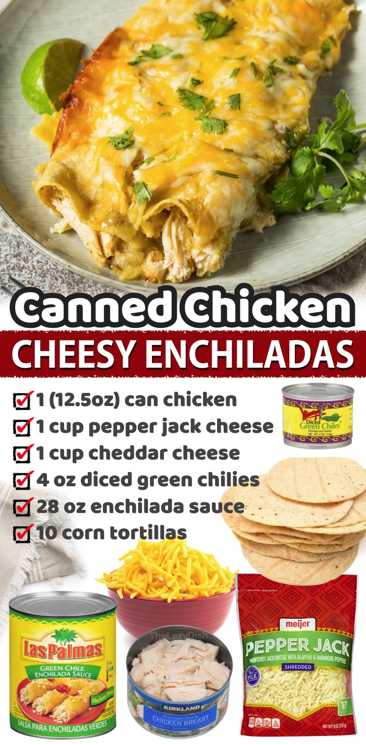 Canned Chicken Cheesy Enchiladas | A super delicious last minute dinner idea for your picky family! Canned chicken is a life saver on busy school nights when you're too tired to cook. Here is a list of the BEST dinner recipes made with canned chicken!