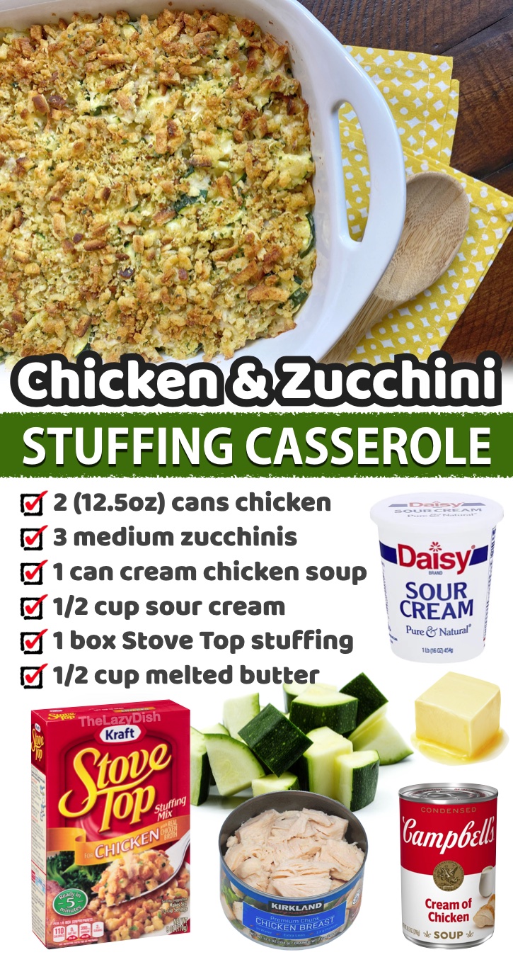 Canned Chicken Dinner Casserole (Made with Stuffing & Zucchini) | Do you have a family with picky eaters? They are going to love all of these canned chicken recipes! These simple dinners are all cheap, delicious, and fast to make on busy school nights. 
