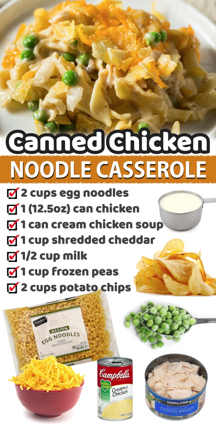 Canned Chicken Noodle Casserole | Are you on the hunt for easy dinners to make your family? This pasta casserole is not only cheap and made with just a few ingredients, it's so yummy with a crunchy potato chip topping! You can load it with any veggies you'd like to make it healthy. Frozen peas or mixed veggies are a favorite with my kids. 