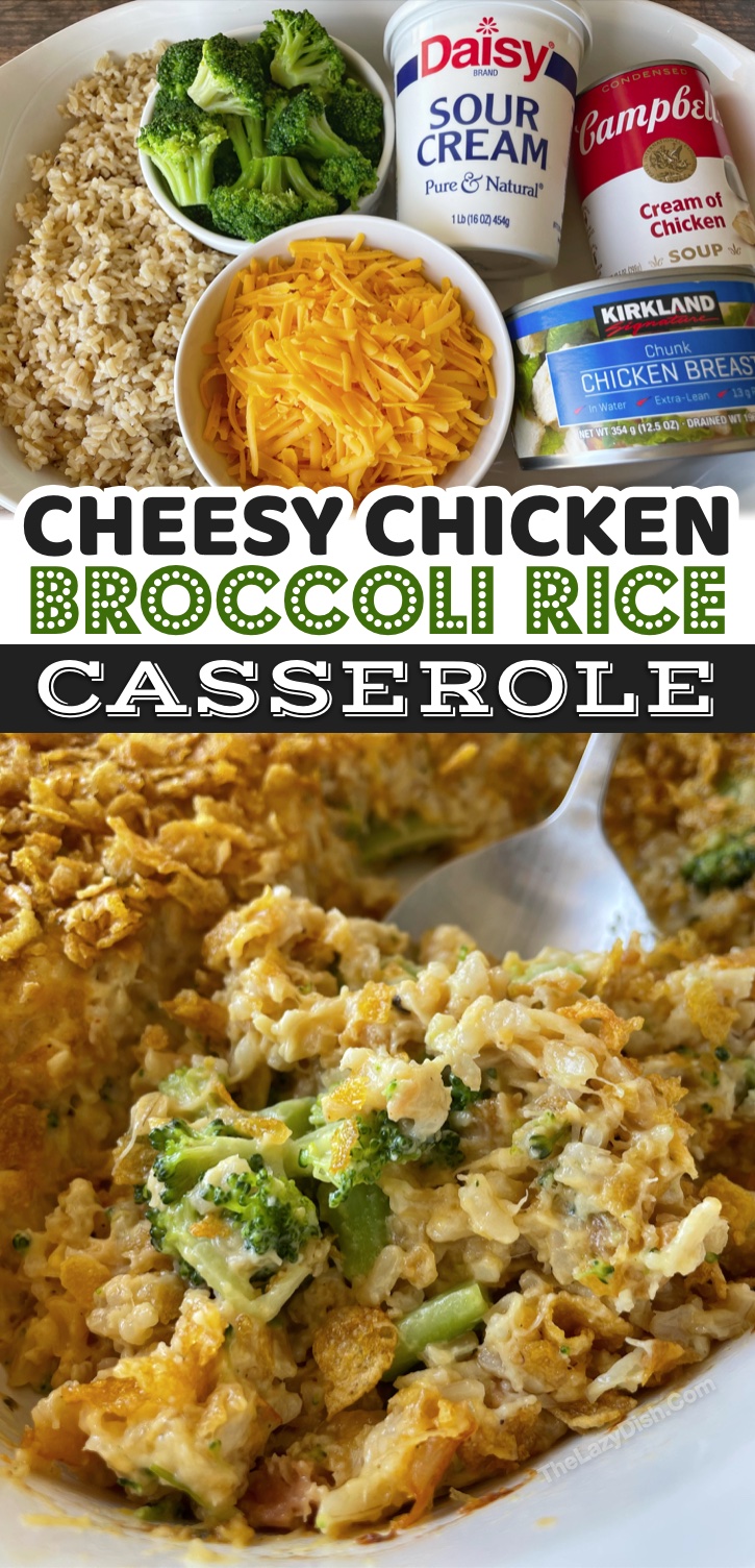 Your entire family is going to love this cheesy chicken broccoli rice dinner casserole! It's super quick and easy to make with just a few cheap ingredients including canned chicken, instant white or brown rice, frozen vegetables, cheddar, sour cream, and cream of chicken soup... plus a delicious buttery corn flake topping!