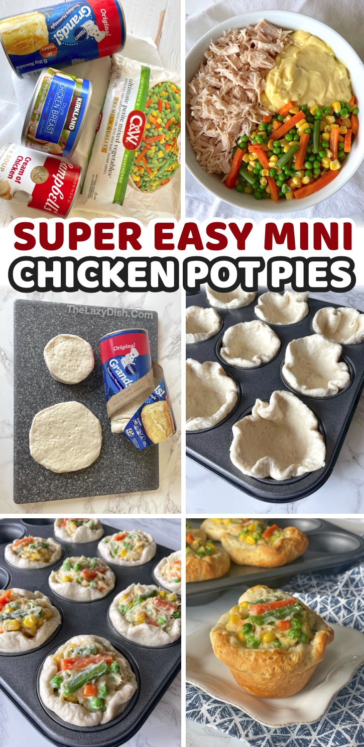 Quick & Easy Mini Chicken Pot Pies (Made with Pillsbury Biscuits) | The best cheap family friendly dinner recipe! My kids absolutely love them, plus they are made with very few ingredients including canned chicken, refrigerated biscuits, canned cream of chicken soup, and frozen mixed veggies. Super easy for busy school night meals!