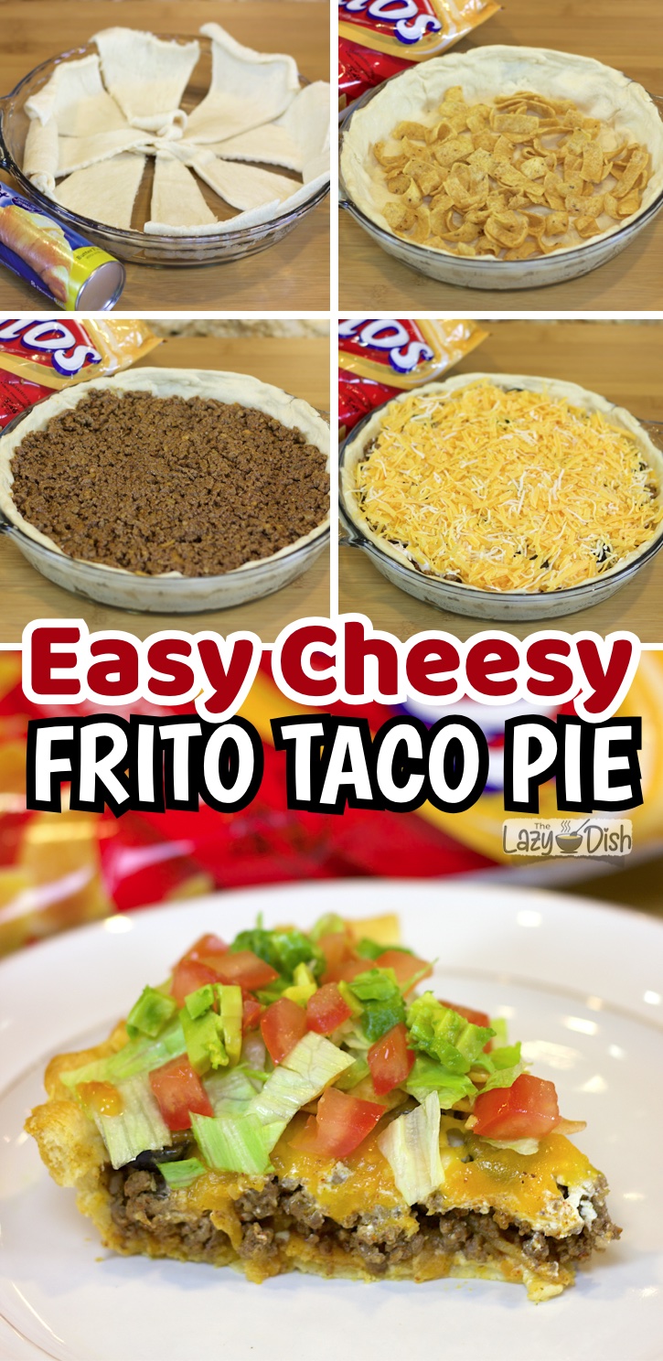 Frito Taco Pie (A super fun and easy dinner recipe!) My family loves this fun twist on Mexican food. It's made with cheap ingredients including ground beef, Pillsbury crescent dough, Fritos corn chips, sour cream, cheese and your favorite taco ingredients! It's perfect for busy weeknight meals when you've got hungry kids to feed. 