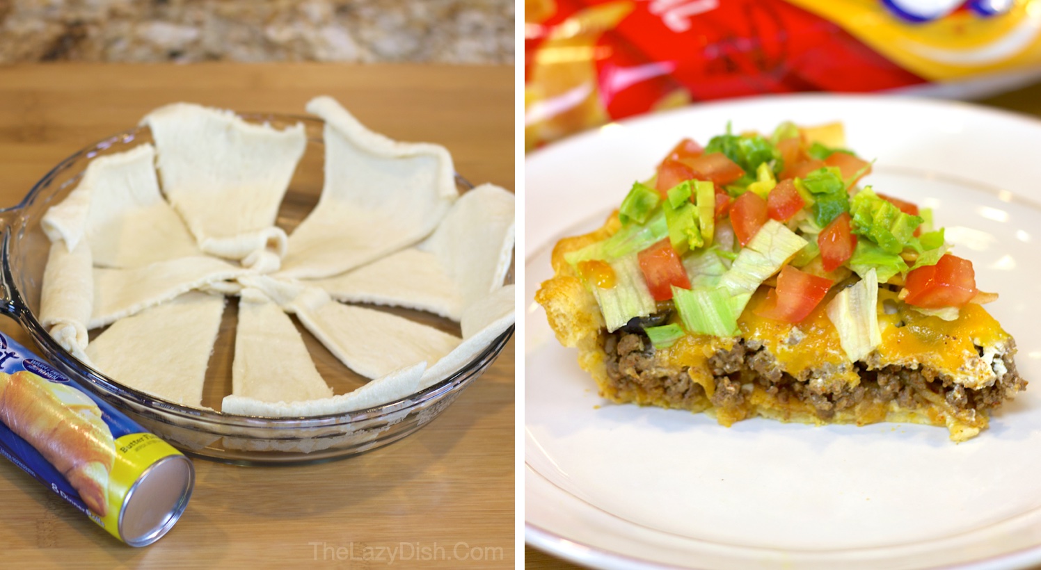 This Frito Taco Pie is a fun and yummy dinner idea for a family with kids. Tacos in the shape of a pie! The tortillas are replaced with Pillsbury crescent dough, giving this easy dinner recipe a unique flavor.