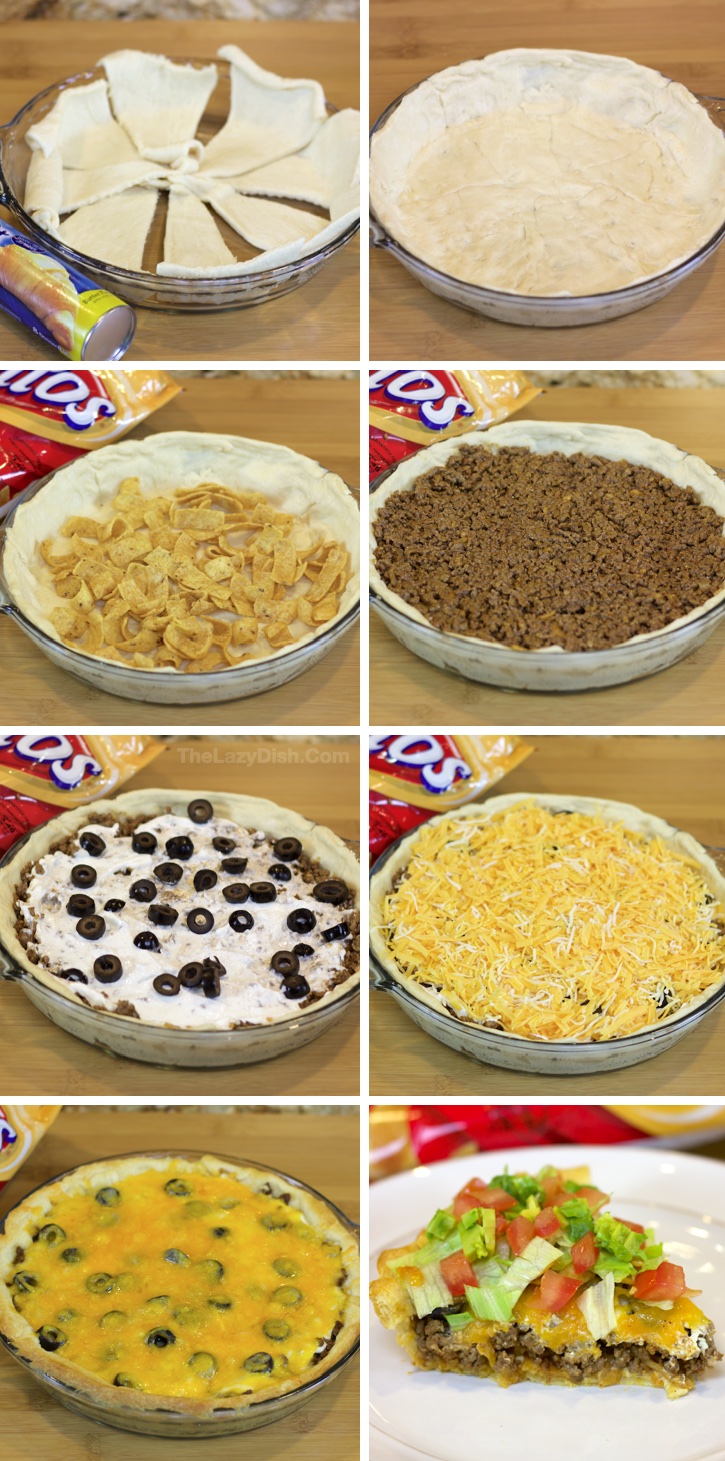 Are you looking for easy ground beef dinner recipes for your family? This Frito taco pie is super quick to make with just a few cheap and basic ingredients: Pillsbury crescent dough, ground beef, shredded cheese, Fritos corn chips, sour cream, and the topping of your choice. It a really fun twist on Mexican food! My kids love it. 