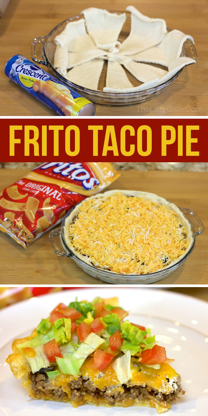 A fun and easy ground beef dinner idea for a family with kids! This Mexican inspired meal has a Pillsbury crescent dough crust and is stuffed full of beef, cheese, Fritos chips, sour cream, and anything else taco inspired that you'd like! Your picky eaters are going to love it.